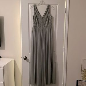 Light green, long flowy dress studded with pearls